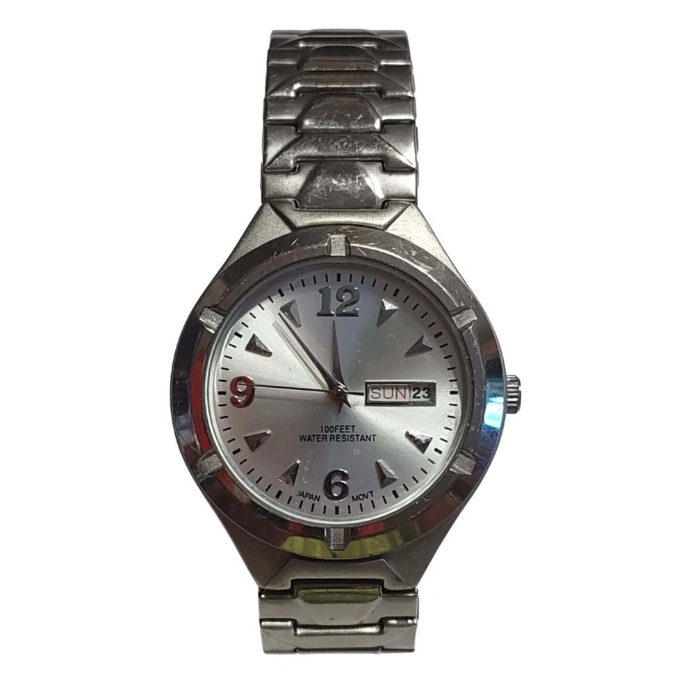 FMD Watch FMDPU127 WORKING Silver Tone Day Date Japan Movt Water Resistant 100ft